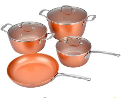 China Sustainable Modern Copper Ceramic Coating Nonstick Saucepan and Pot Set with Induction Bottom and Stainless Steel Handle for sale