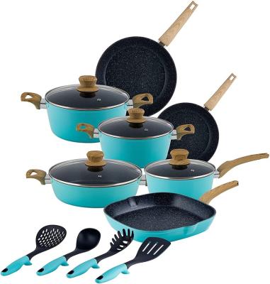 China 15 PCS High Quality Aluminum Cooking Pots And Pans Sustainable Non-Stick Kitchen Cookware Set Frying Pan Saucepan Cooking Stock Pot for sale