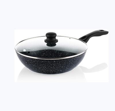 China Durable High Quality Forged Aluminum Liner Non Stick Oil Free Black Marble Wok With Lid for sale