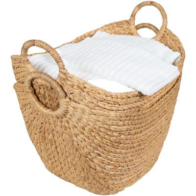 China Woven Water Viable Hyacinth Natural Plant Baskets With Handle Storage Bins for sale