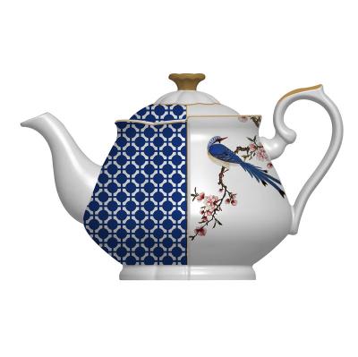 China Viable High Quality Present Gift Ceramic Teapot With Blue Color Bird Decal Teapot for sale