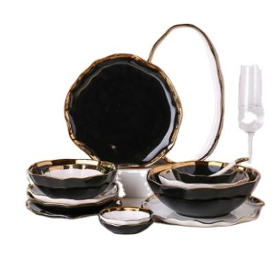 China Viable White Black China Porcelain Dinnerware Sets Ceramic With Gold Rim Wholesale for sale