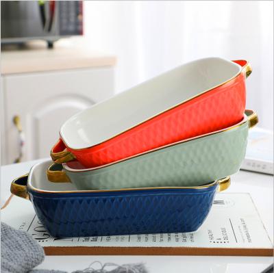 China BK20 Sustainable Rectangular Ceramic Bakeware With Gold Pizza Design Microwave Oven Used Ceramic Bakeware for sale