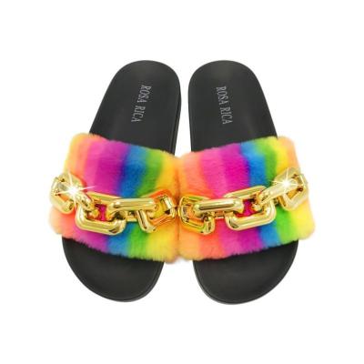 China Fashion trend 2021 summer new style casual rainbow wool shoes pants ladies flat sandals slips women slippers xmsx for sale