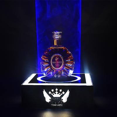 China Wine Rack Custom Illuminated Led Square Acrylic Display Stand Bottle Wine Metal Bottle Glorifier With Circle Laser Lighting for sale