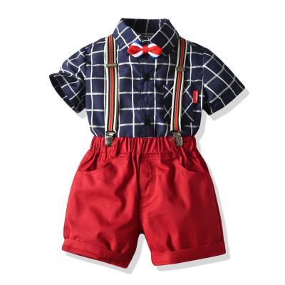 China Casual Dress Suit Birthday Party Outfit Boy Bow Tie Check Shirt Bib Gentleman Costume for sale