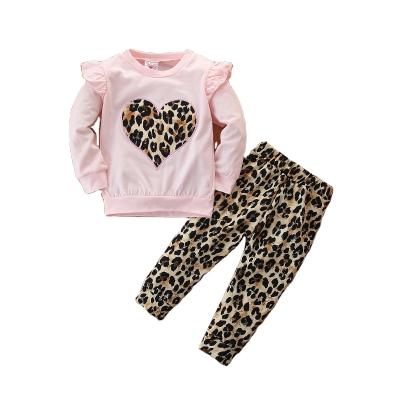 China Leopard Pattern Casual Long Sleeve Clothes Baby Toddler Kid Clothes Heart Shaped Pants Outfit for sale