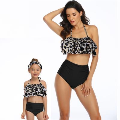 China Hot Selling Breathable Parent-child Swimsuit Printed High Ruffled Bikini Waist Mother And Daughter Swimwear for sale