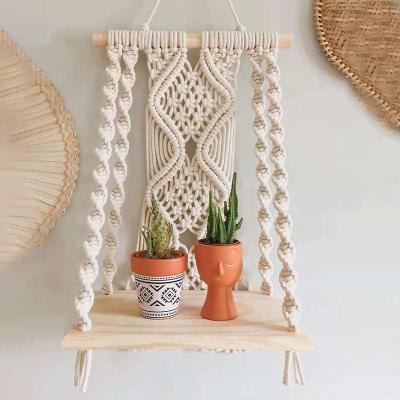 China Traditional Wall Art Macrame Wall Hanging Shelf with Light Wood for sale