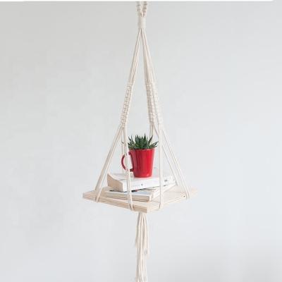 China Large BOHO Home Decor Macrame Wall Hanging Shelf, Wooden Floating Storage Shelf Bohomian Wall Hanging Decor for sale