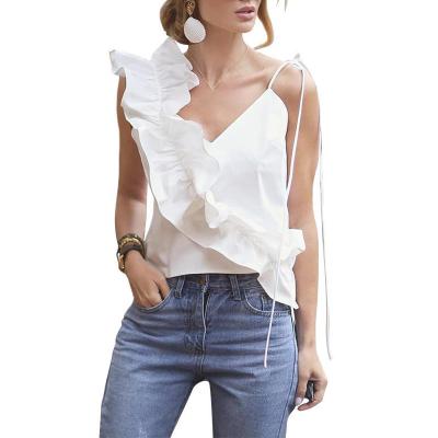 China Anti-wrinkle summer styles new European and American women's casual shirts with ruffles tank top blouse in solid colors for sale