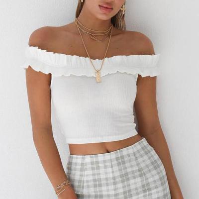 China Anti-wrinkle tops T-shirt women's fashion slash neck bare midriff T-shirt crop summer ladies short tops en venta