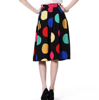 China Large Round Dot Print Black Botton Knee Length Crepe Viable Skirt With Chain for sale