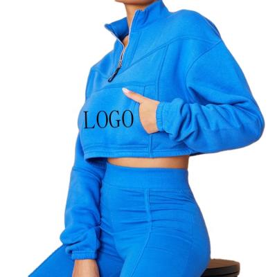 China New Fashion Ladies Tracksuits Zipper Band Breathable Bright Blue Funnel Neck Oversized Women Crop Top Tracksuit for sale