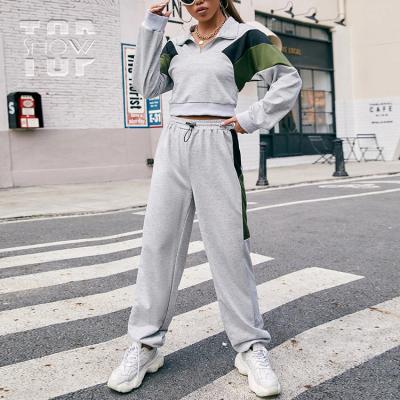 China Custom Breathable New Fashion Logo 2 Piece Sweatsuit For Women Tracksuit Gray Color Block Crop Top Pullover And Sweatpants Set en venta