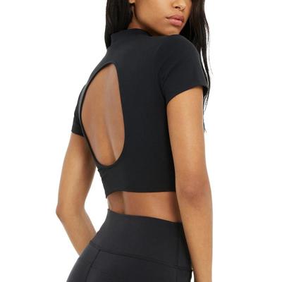 China Anti-wrinkle black fake neck back cutout cropped yoga sports polyester T-shirt for women for sale