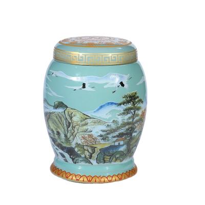 China Keep Cremation Urn 27cm Human Ashes Urn Small Landscape Painting Altar Urn Funeral Urn for sale