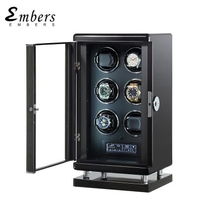 China Handmade Embers Improved Luxury Wooden Watch Winder 6 Watches Box Fingerprint To Open Japanese Mabuchi Motor Automatic Winding Rotation for sale