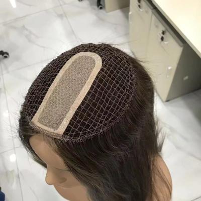 China Handtied Fishnet Hair Topper With Silk Base Human Double Sided Hairpiece Natural Straight Pulled Color Jewish Kosher Hairpiece For White for sale