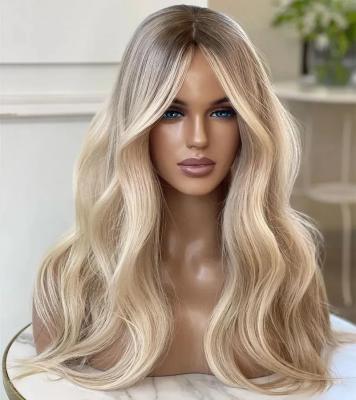 China European Small Double Drawn Knot Ash Blonde Highlight Human Hair Wig Ash Blonde Highlight Human Hair Body Wave Glueless Lace Headband Jewish Kosher Hair Wig for sale