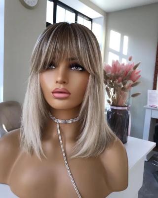 China Body Wave Platinum Blonde Highlight Color Bob Cuticle Aligned Human Hair Lace Front Wigs With Hair Bang for sale