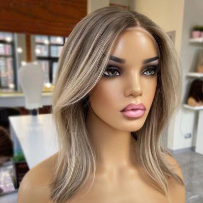 China Graceful Lace Front Human Hair Wigs HD Madame Wig White And Gray Ash Blonde Big Wave Short Bob Raw Cuticle Aligned Human Body Wave for sale