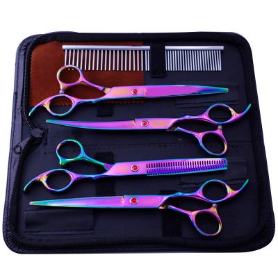 China Viable 7 Inch Color Coated Pet Curved Grooming Scissors Set Fishbone Teeth Thinning Shears Dog Hair Cutting Straight Shears for sale