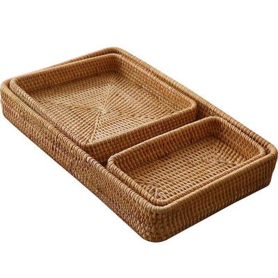 China Viable Rattan Tray Food Storage Platters Handwoven Rectangular Dividing Plate with Handles for Breakfast, Drinks, Snacks for C for sale