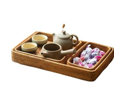 China Sustainable Rattan Tray Food Storage Platters Plate with Handles for Breakfast, Drinks, Snacks Tea for sale