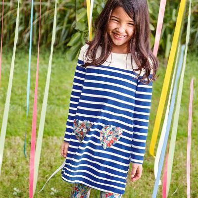 China XZ Blue And White Striped Girl's Cotton Dress Breathable In Autumn Long Skirt With Pockets for sale