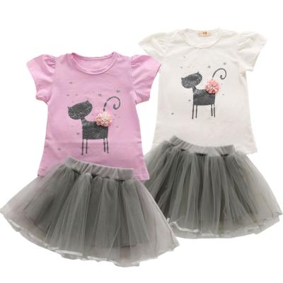 China 100% Cotton Cartoon Cat Girls Summer Outfits 2018 Children's 3D Flower Clothes Tutu Skirt For Girls Net T-shirt +Fluffy Tulle Dress Set for sale