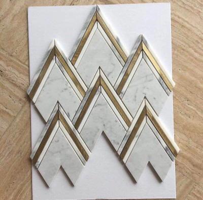 China Modern Premium Marble And Brass Inlay Mosaic Tile Herringbone Marble 24x24 Tiles for sale