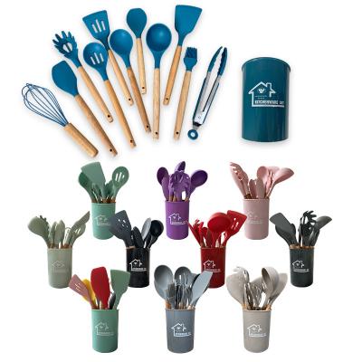 China Sustainable Amazon Hot Sale Silicone Kitchenware 12pcs Silicone Kitchen Utensils Set With Wooden Handle for sale