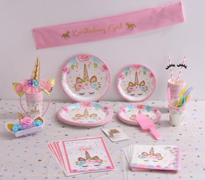 China Disposable Eco-friendly Birthday Unicorn Party Decorations Supplies Disposable Table Decorations Tableware Paper Banner Kits for sale