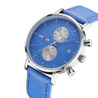 China Newest Popular WEIDE Day/Date Men Quartz Watch Custom Logo Blue Dial Leather Strap Watch Men Wrist Quartz Watch For Male for sale