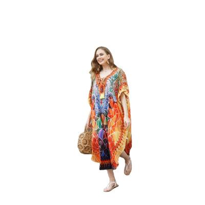 China Beautiful Breathable Floral Print Boho Kaftan Maxi Dress Beach Cover Up Quick Dry Dress for sale