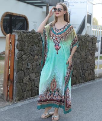 China Breathable Sexy Jewelry Pattern Japanese Looset Beach Kaftan Dress Women Long Boho Paisley Floral Beach Cover Up Dress for sale