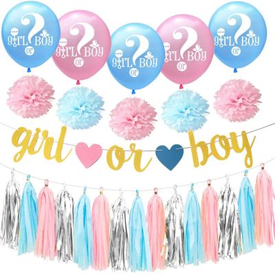 China Party Props Pink Blue Gender Reveal Poms Girl or Boy Printed Latex Balloon Tassel Banner Party Decoration Paper Flower Pom Set for sale