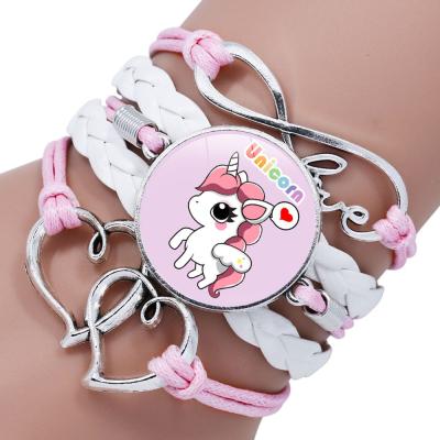 China Cute Fashion Leather Armor Bracelet Rainbow Horse Unicorn Bracelet Party Gift for Girls Multilayer Braided Bracelet for sale