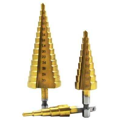 China Titanium 3 4-20mm Steel Metric Flats Shank HSS 6542 Metric Spiral Groove Drill Bit Stepped for sale