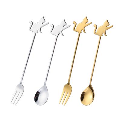 China Lovely New Design Stainless Steel Coffee And Tea Cup Shaping Ice Stirring Spoon And Fork With Cat Shaping Handle for sale