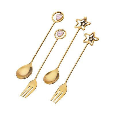 China Beautiful New Design Stainless Steel Coffee and Tea Cup Shaping Ice Stirring Spoon and Fork with Star and Heart Shape for sale