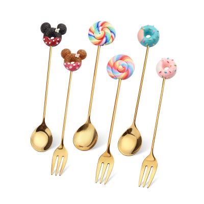 China Beautiful New Design Stainless Steel Coffee and Tea Cup Shaping Ice Stirring Spoon and Fork with Lollipop Donuts Mickey Shape for sale