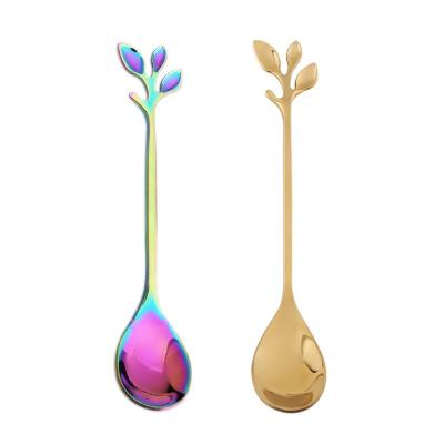 China Beautiful new design 410 stainless steel coloful round coffee cake spoon with leaf handle for sale