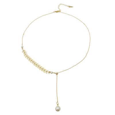 China Isunni Environmental Friendly Simple Pearl Fairy Gold Color Willow Leaf Chain Pendant Necklace Clavicle Chain Necklace Female Scarf for sale