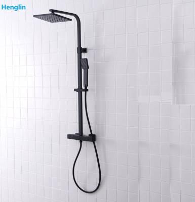 China With Luxury Brass Thermostatic Column Shower Head Bathroom Chrome Faucet Slide Bar Matte Black Shower Set for sale