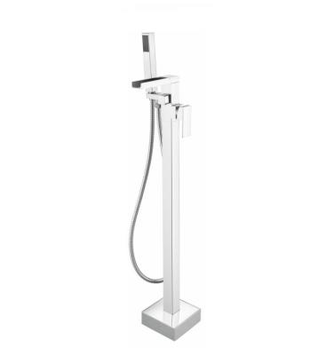 China Hot Selling Chrome Slide Bar Brass Waterfall Square Free Standing Bathtub Mixer Tap Floor Standing Shower Set for sale