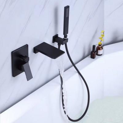 China Luxury Wall Mounted Black Gold Metered Faucets Matt Brushed Square Style With Brass Spout Bath Shower Mixer Tap Brass Faucet for sale