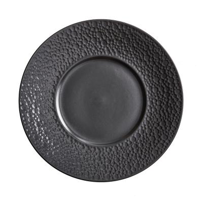 China Sustainable new design round black ceramic dinner plate wedding dish light luxury silver rim dish for sale