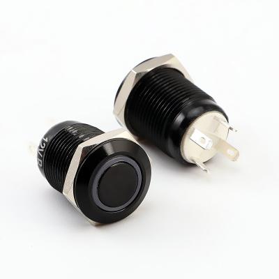 China Push On Metal 12v 12mm Blue LED Illuminated Black Waterproof Momentary Push Button Switch for sale